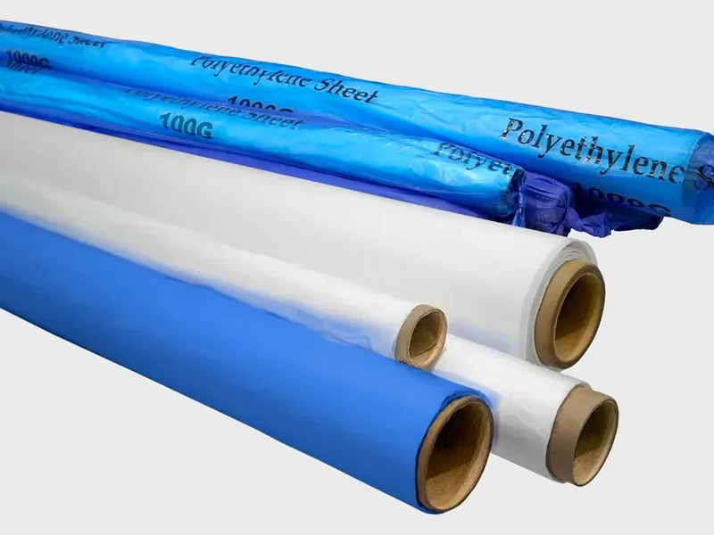 Blue and clear polythene sheet rolls on cardboard cores, 500 and 1000 gauge